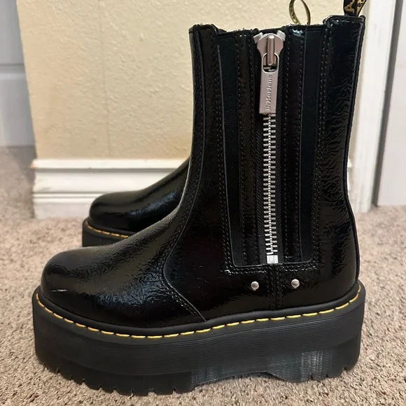Dr. Martens Platform Black Boots with Yellow Stitching - Picture 4 of 10